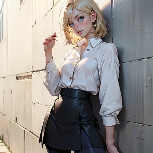 ((masterpiece)), (((best quality))), 1 female, pale white skin, very light blonde hair, medium hair, bob hair style, beautiful woman, blue eyes, simple earrings, blouse, skirt, leggings, small , waist up view, detailed face, highest quality, highly detailed, original, high resolution CG Unit 8k wallpaper, (best quality, artwork, masterpiece, 4k)