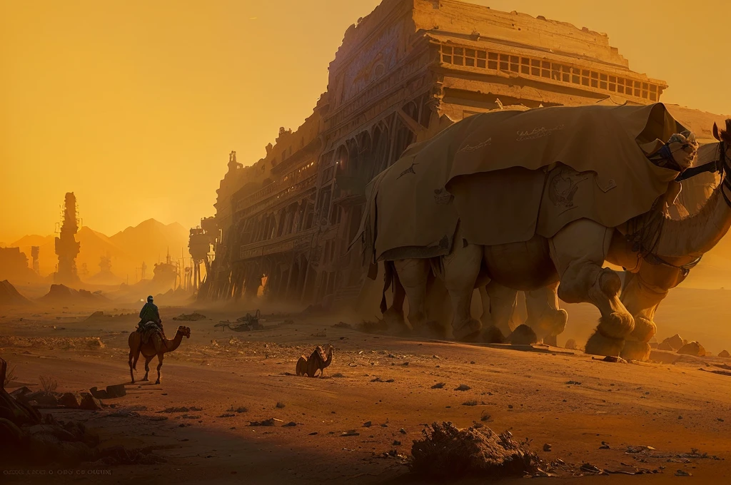(((There was a man leading a camel,Walk towards camera 1.8))),(((gray blue sky 1.8))) (((khaki ground 1.8))) author:Alexander Jean, Jessica Rosier Fantasy Art, Highly realistic concept art, Stunning sci-fi concept art, Craig Mullins Necro, 8k concept art, 8k concept art, 4K concept art, 4K concept art, dramatic concept art, Stunning concept art, Craig Mullins The Key to Darkness