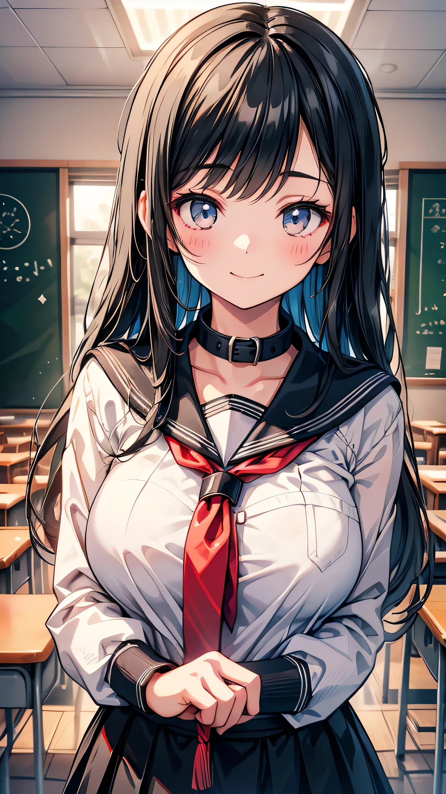 high school 　Adult women　Tying up long hair　bangs　Hime cut　Black Hair　smile　Close ~ eyes　Big Breasts　Country-style black sailor suit　Nagoya collar　Rural classroom　Close-up of face