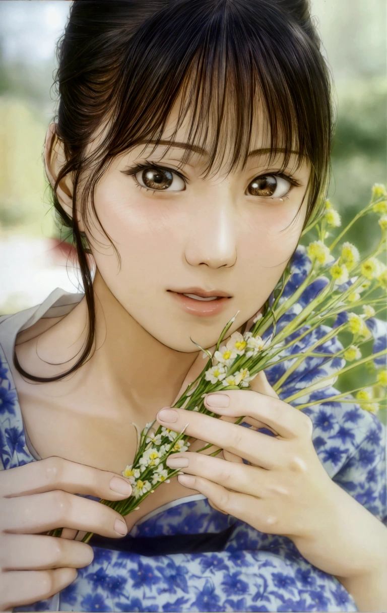 manga style, lineart, a close up of a woman holding a bunch of flowers, kimi takemura, Yoshitomo Nara, sakimichan, Chiho, close up iwakura lain, by Tadashi Nakayama, shiori teshirogi, Yasumoto Oka, Chiho ashima, deayami kojima