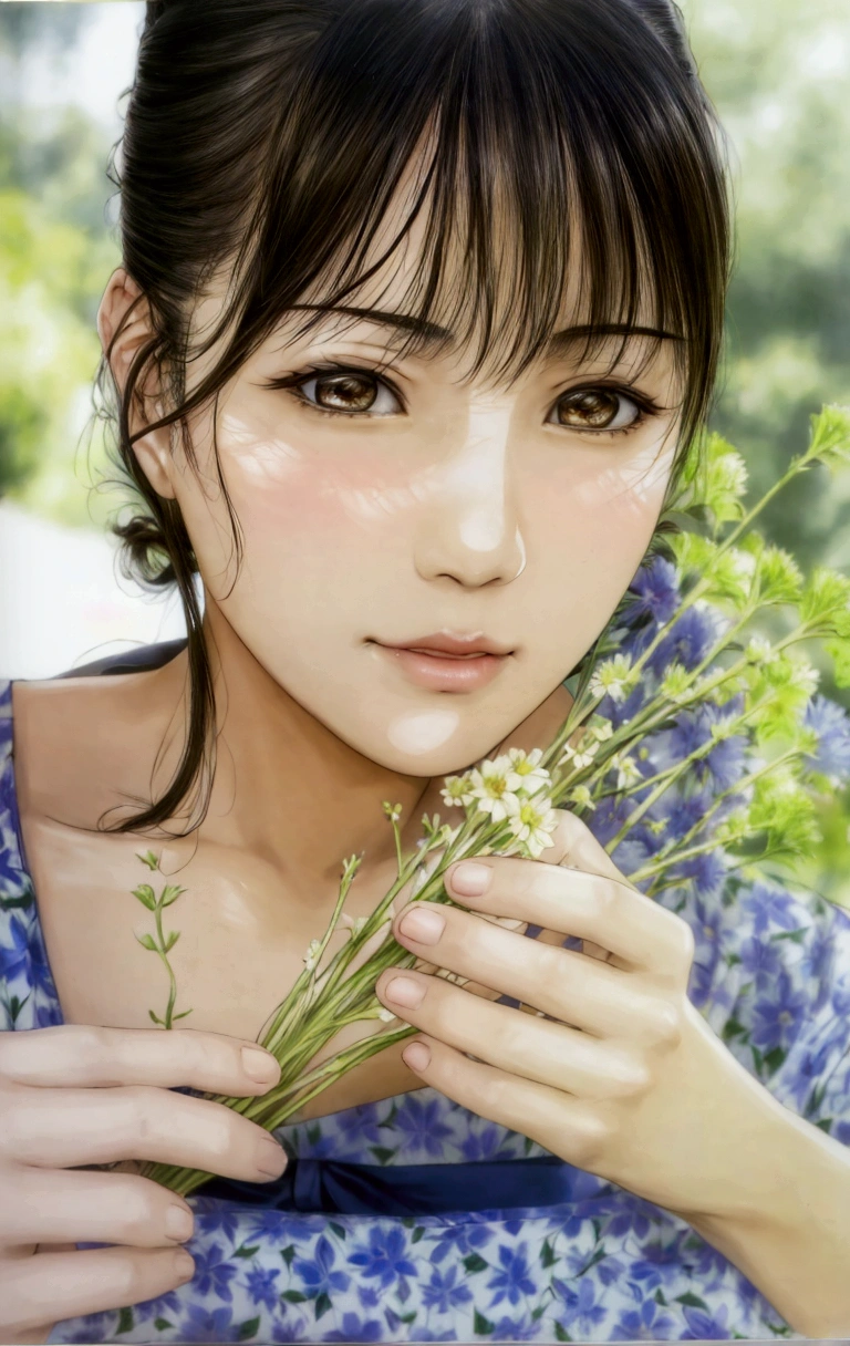manga style, lineart, a close up of a woman holding a bunch of flowers, kimi takemura, Yoshitomo Nara, sakimichan, Chiho, close up iwakura lain, by Tadashi Nakayama, shiori teshirogi, Yasumoto Oka, Chiho ashima, deayami kojima