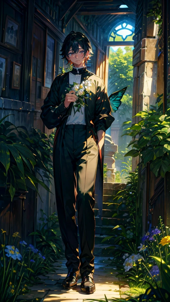 (Mastepiece), (Best Quality), Very detailed, (1 boy:1.5), (Full body solo shot:1.4), Perfect Face, Beautiful Boy, Very detailedな顔，(Black short hair:1.5)，(Green Eyes:1.4)，(Half pants:1.4)、(Lots of butterflies々:1.4)、bird、(ruins、Plants、flower:1.4)、mysterious、Fantasy、beautiful、beautiful、(Close your eyes and laugh:1.3)、(Happy Face:1.4)、A big smile
