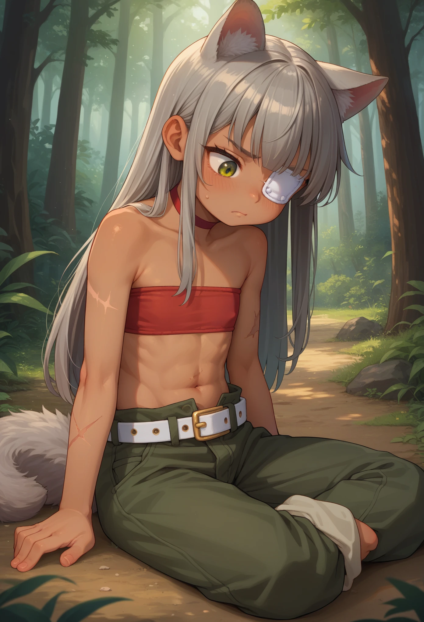 score_9, score_8_up, score_7_up, 1girl, solo, (loli:1.5), kid, flat chest, ghislainedef, dark skin, scar, white eyepatch, long hair, tousled hair, gray hair, tail, animal ears, red bandeau, green pants, open pants, red choker, belt, sitting on ground, sad, pouting, sobbing, oversized pants looking down, forest,
