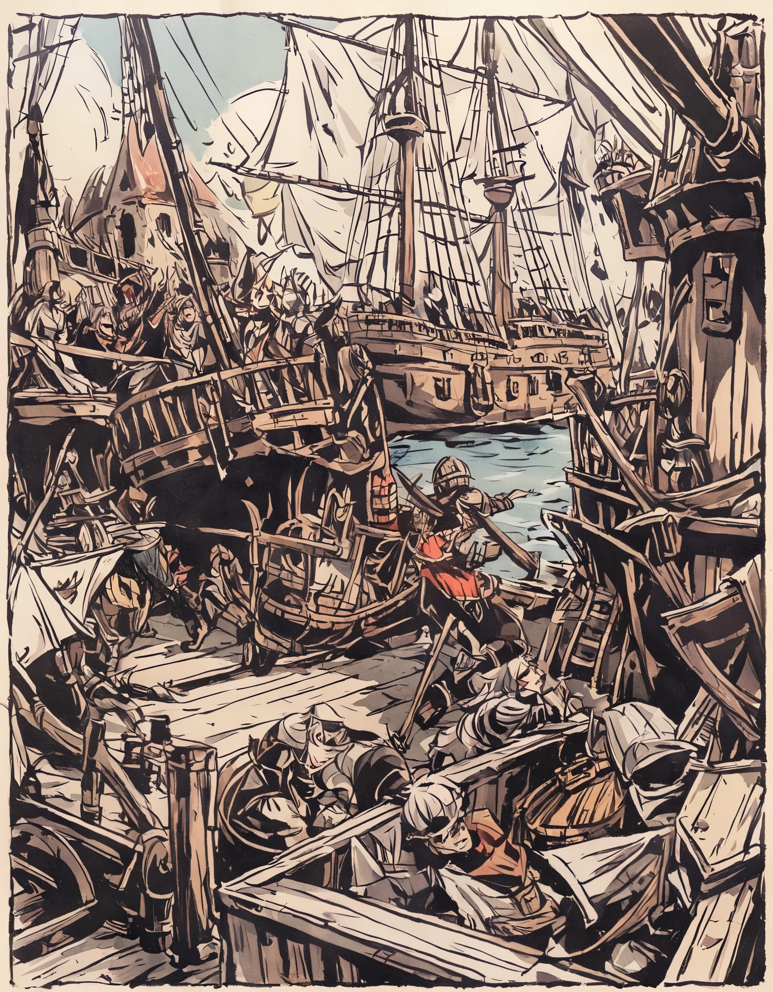 Medieval European fantasy, pirate ships attacking merchant ships and naval battles, killing each other, poorly drawn but cute art,、vintage comic book, EdobHorrorLandscape