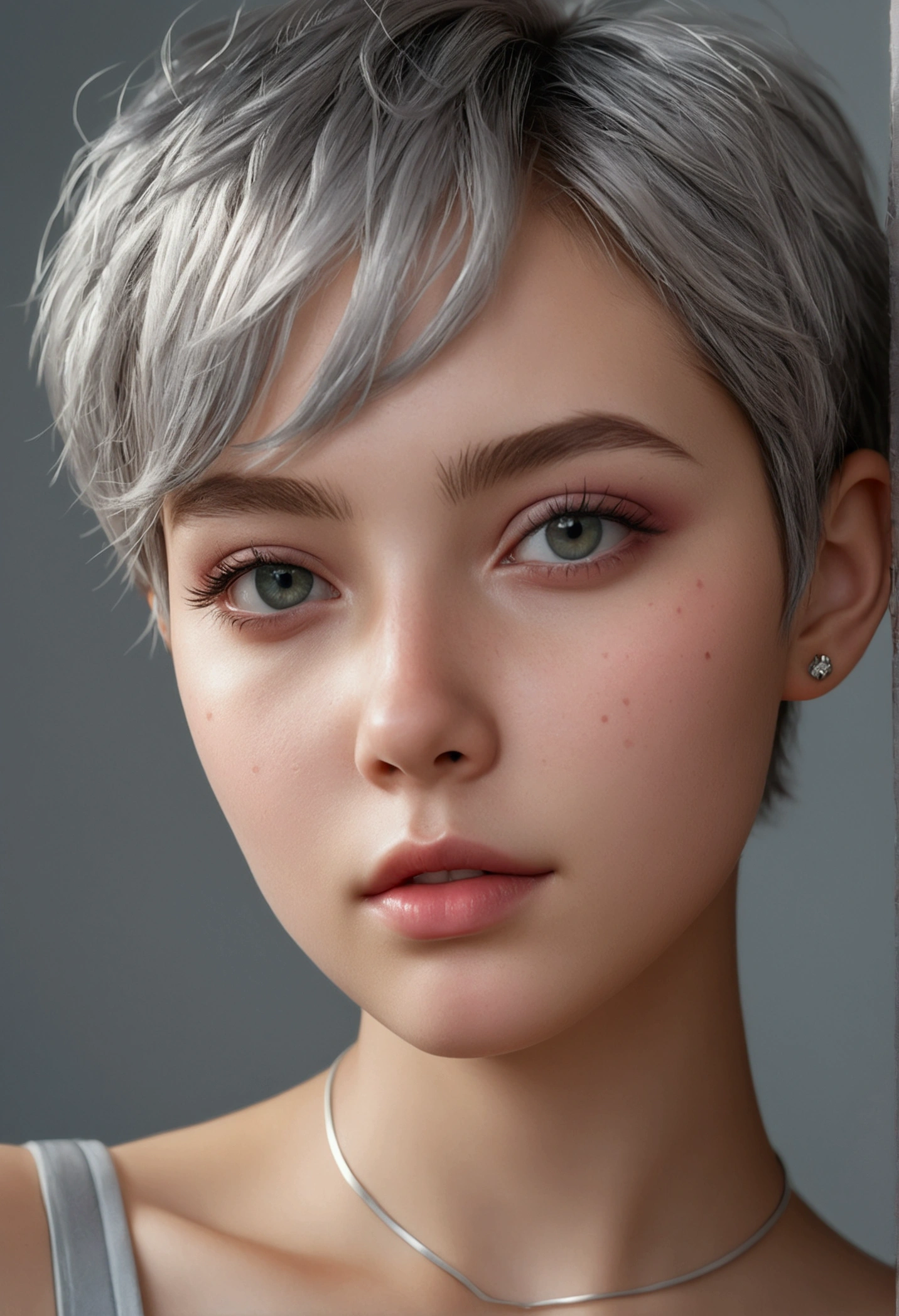 (8K, Photorealistic, Raw photo, of the highest quality: 1.3), (1girl in), Super beautiful, (Realistic face), (boyish, Silver Color Berry Shorthair), Beautiful , Glare that captivates the viewer, Beautiful expression, Beautiful breasts, (Realistic skin), Be...