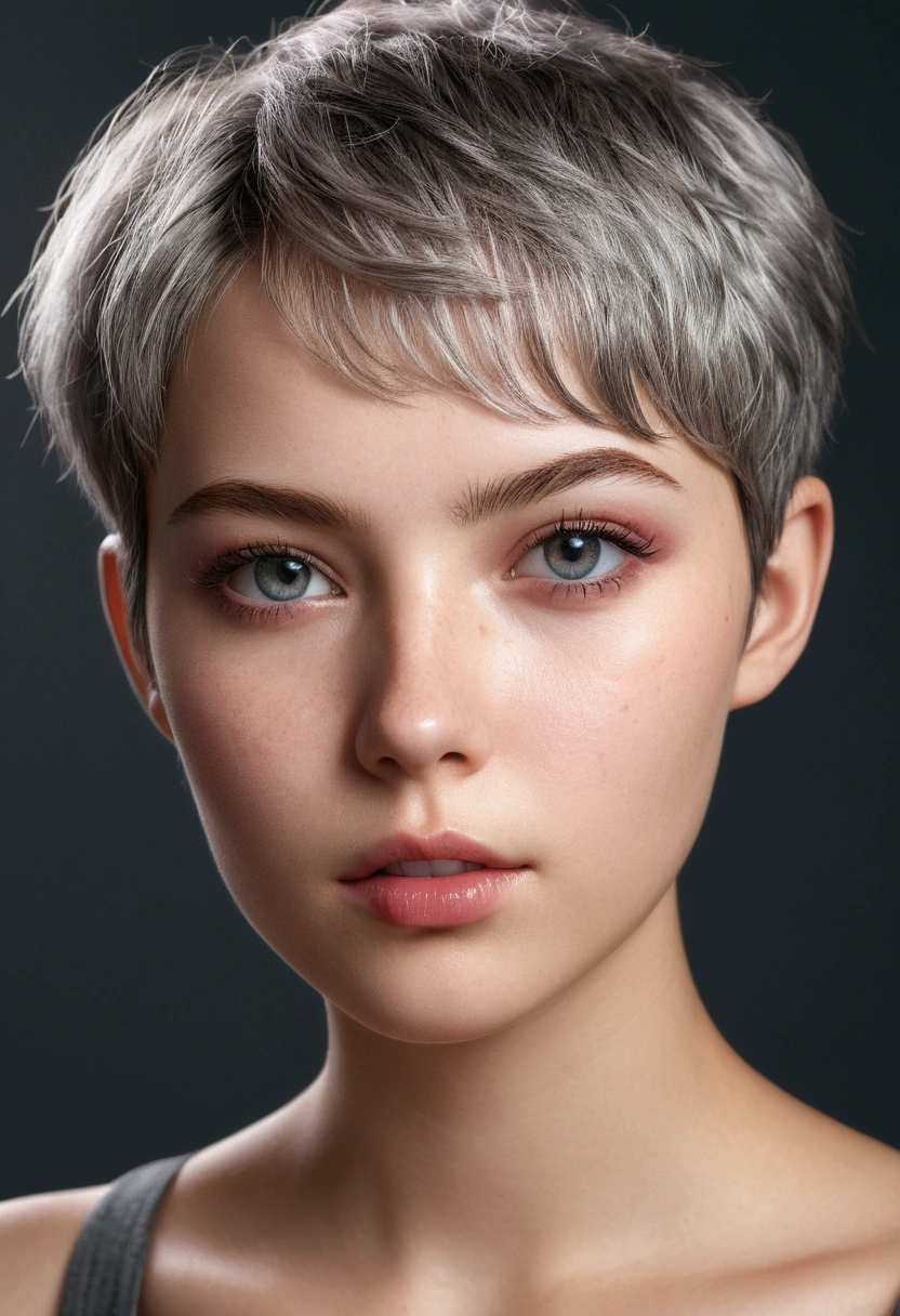 (8K, Photorealistic, Raw photo, of the highest quality: 1.3), (1girl in), Super beautiful, (Realistic face), (boyish, Silver Color Berry Shorthair), Beautiful , Glare that captivates the viewer, Beautiful expression, Beautiful breasts, (Realistic skin), Be...