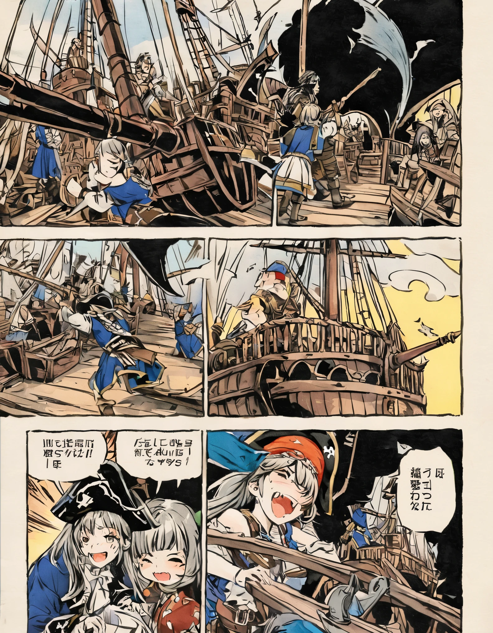 Medieval European Fantasy、A battle between a pirate ship and the navy attacking a merchant ship、Killing each other、Poor but cute art、vintage comic book, EdobHorrorLandscape