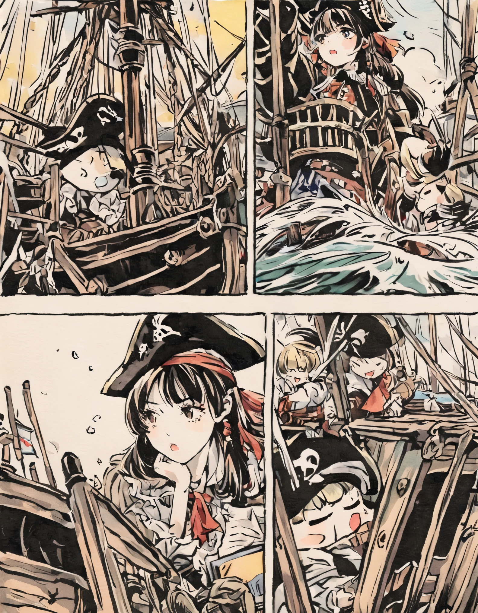 A battle between a pirate ship and the navy attacking a merchant ship、Poor but cute art、vintage comic book, EdobHorrorLandscape