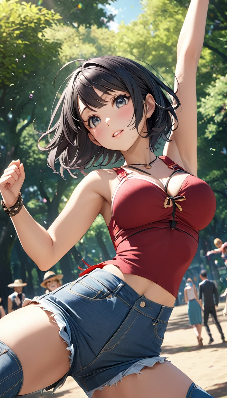 (High resolution:1.4)、(High resolution:1.4)、Beautiful girl alone、Black Hair、short hair、「Idol Master」character「Makoto Kikuchi」、Facing the camera、Beautiful Skin, Cinematic colors、Incredibly realistic textures、Photorealistic and colorful、stylish、Beautiful and rich 、Attractive large waist、Underarm、[[[Good move]]]、Highly detailed face and eyes、Jumping in the summer park、