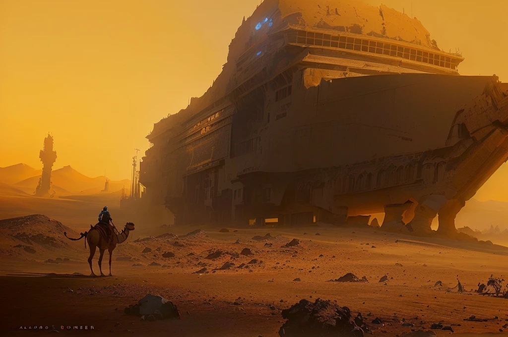 (((There was a camel rider 1.8))),(((gray blue sky 1.8))) (((khaki ground 1.8))) author：Alexander Jean, Jessica Rosier Fantasy Art, Highly realistic concept art, Stunning sci-fi concept art, Craig Mullins Necro, 8k concept art, 8k concept art, 4K concept art, 4K concept art, dramatic concept art, Stunning concept art, Craig Mullins The Key to Darkness