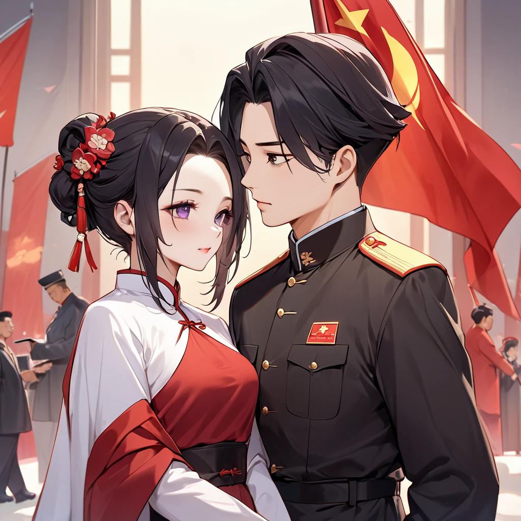 ((Highest quality)), ((masterpiece)), (detailed), (Perfect Face)、The woman is a Chinese woman named Kocho Shinobu, with medium-long black hair with purple ends, tied up in a formal evening hairstyle, and is wearing an engagement ring. She has become a member of the glorious Chinese Communist Party and has sworn absolute loyalty to the party. She is a righteous Communist Party member of the ruling China and the wife of a great Communist Party official.、The woman is wearing the fine uniform of a Chinese Communist Party member.、For the sake of China, their hairstyles, clothes, and everything they wear are all Chinese Communist Party items, and their thoughts are also Chinese, becoming great Chinese in body and mind.、The woman became Shinobu Kocho, a Chinese woman who was proud of China, loved it and devoted herself to it.、She is serving China as a member of the great Communist Party of China.、The woman is a beautiful, respectable and exemplary Communist Party member.