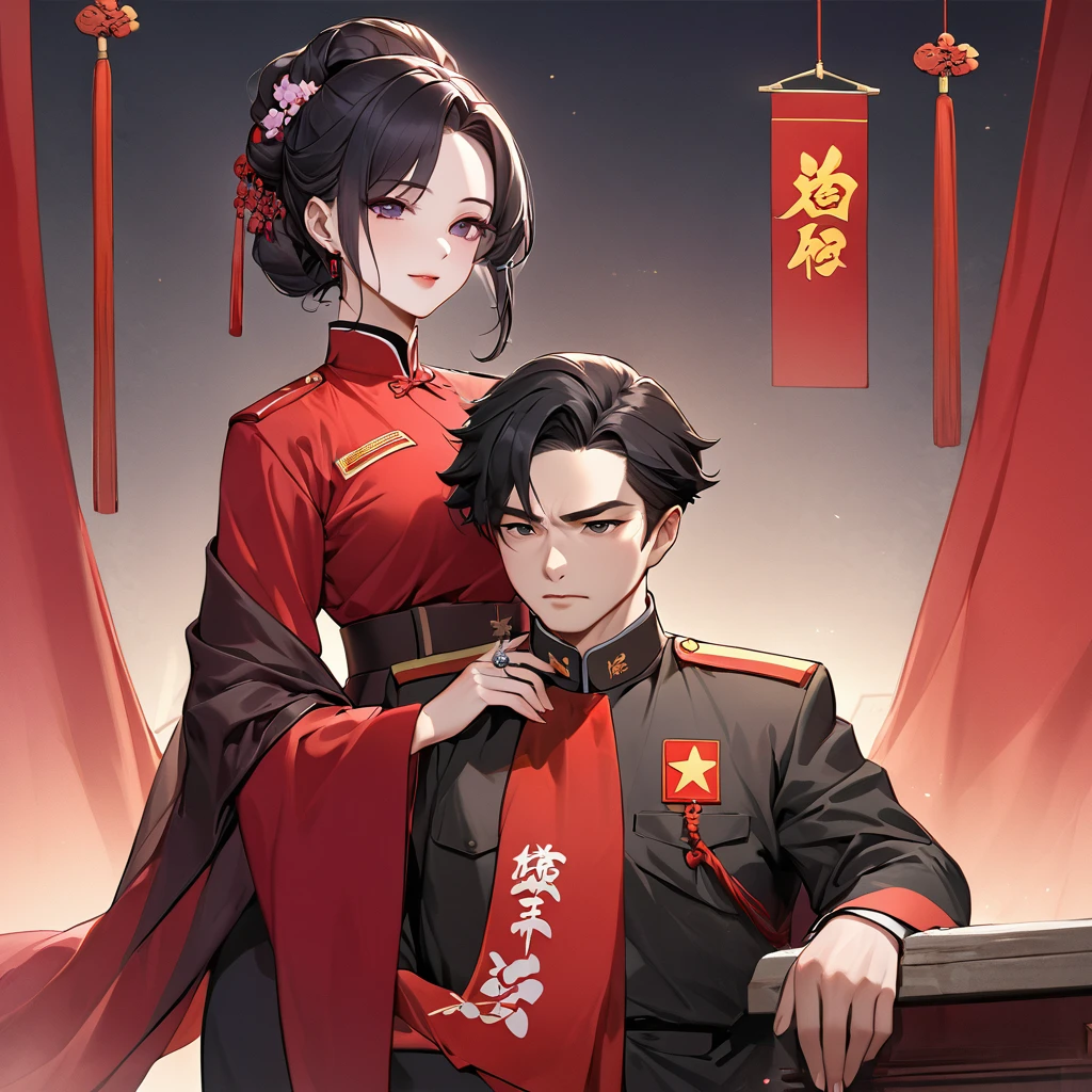((Highest quality)), ((masterpiece)), (detailed), （Perfect Face）、The woman is a Chinese woman named Kocho Shinobu, with medium-long black hair with purple ends, tied up in a formal evening hairstyle, and is wearing an engagement ring. She has become a member of the glorious Chinese Communist Party and has sworn absolute loyalty to the party. She is a righteous Communist Party member of the ruling China and the wife of a great Communist Party official.、The woman is wearing the fine uniform of a Chinese Communist Party member.、For the sake of China, their hairstyles, clothes, and everything they wear are all Chinese Communist Party items, and their thoughts are also Chinese, becoming great Chinese in body and mind.、The woman became Shinobu Kocho, a Chinese woman who was proud of China, loved it and devoted herself to it.、She is serving China as a member of the great Communist Party of China.、The woman is a beautiful, respectable and exemplary Communist Party member.