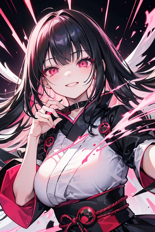 original character , One girl, (Crazy Smile:1.2) ,  Black Hair , bangs , Crazy Eyes , Put your hands on your face , Red and black color scheme, Open your mouth, (Eyes Wide Open:1.2), Glowing Eyes, Pink Eyes, Pink Eyes、kimono、Very short、witch、Long Hair、Very young