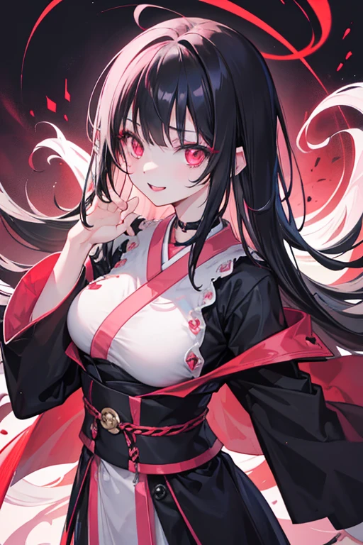 original character , One girl, (Crazy Smile:1.2) ,  Black Hair , bangs , Crazy Eyes , Put your hands on your face , Red and black color scheme, Open your mouth, (Eyes Wide Open:1.2), Glowing Eyes, Pink Eyes, Pink Eyes、kimono、Very short、witch、Long Hair、Very young