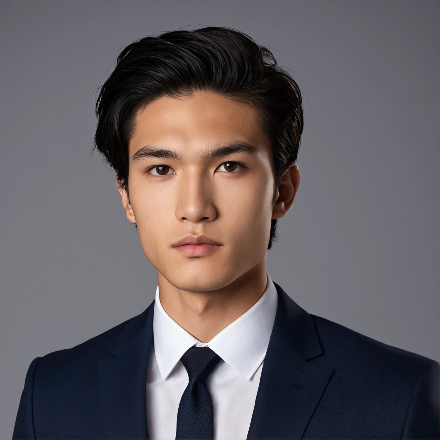 "A 22-year-old male with mixed Asian and Caucasian features. He has black hair, brown eyes, a square jawline, medium lips, and high cheekbones. He is wearing a navy blue business suit with a white shirt and no tie. The background is a dim, grey photoshoot backdrop. UHD, masterpiece, anatomically correct, textured skin, high details, best quality."