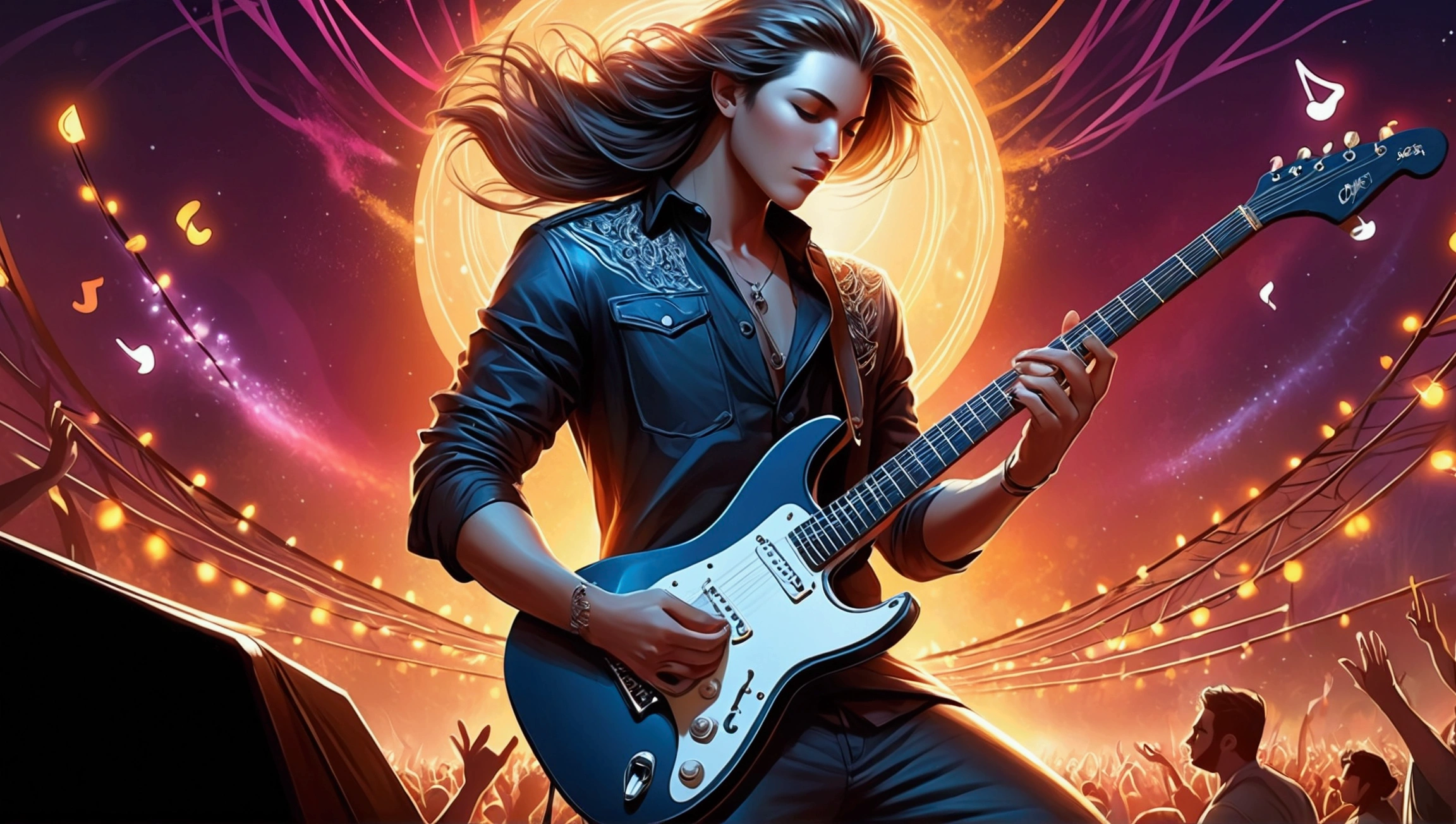 Draw a music festival poster，Playing electric guitar，Musical note elements