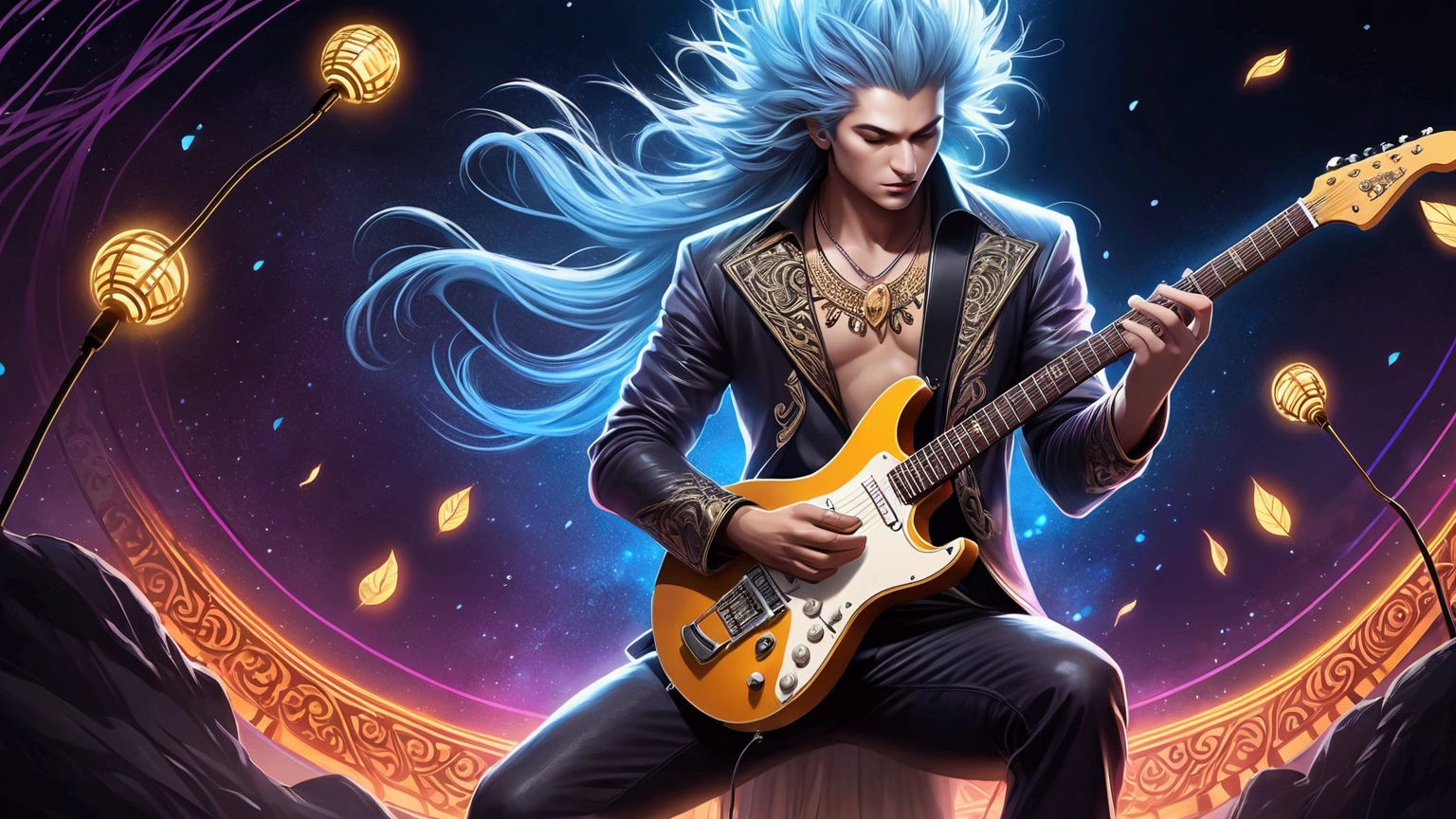 Draw a music festival poster，Playing electric guitar，Musical note elements