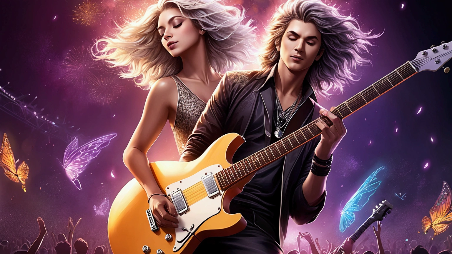 Draw a music festival poster,Playing electric guitar,Musical note elements