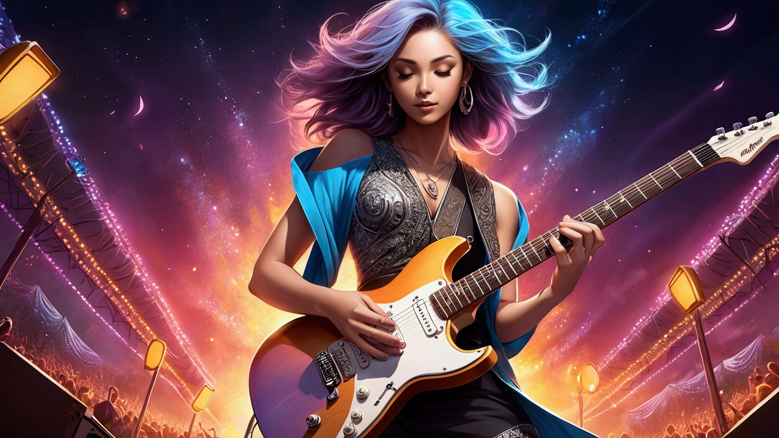 Draw a music festival poster，Playing electric guitar，Musical note elements