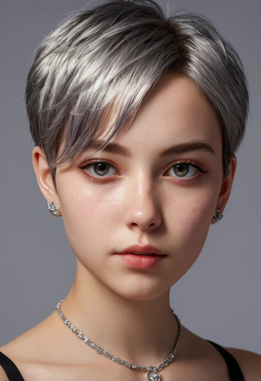 (8K, Photorealistic, Raw photo, of the highest quality: 1.3), (1girl in), Super beautiful, (Realistic face), (boyish, Silver Color Berry Shorthair), Beautiful , Glare that captivates the viewer, Beautiful expression, Beautiful breasts, (Realistic skin), Be...