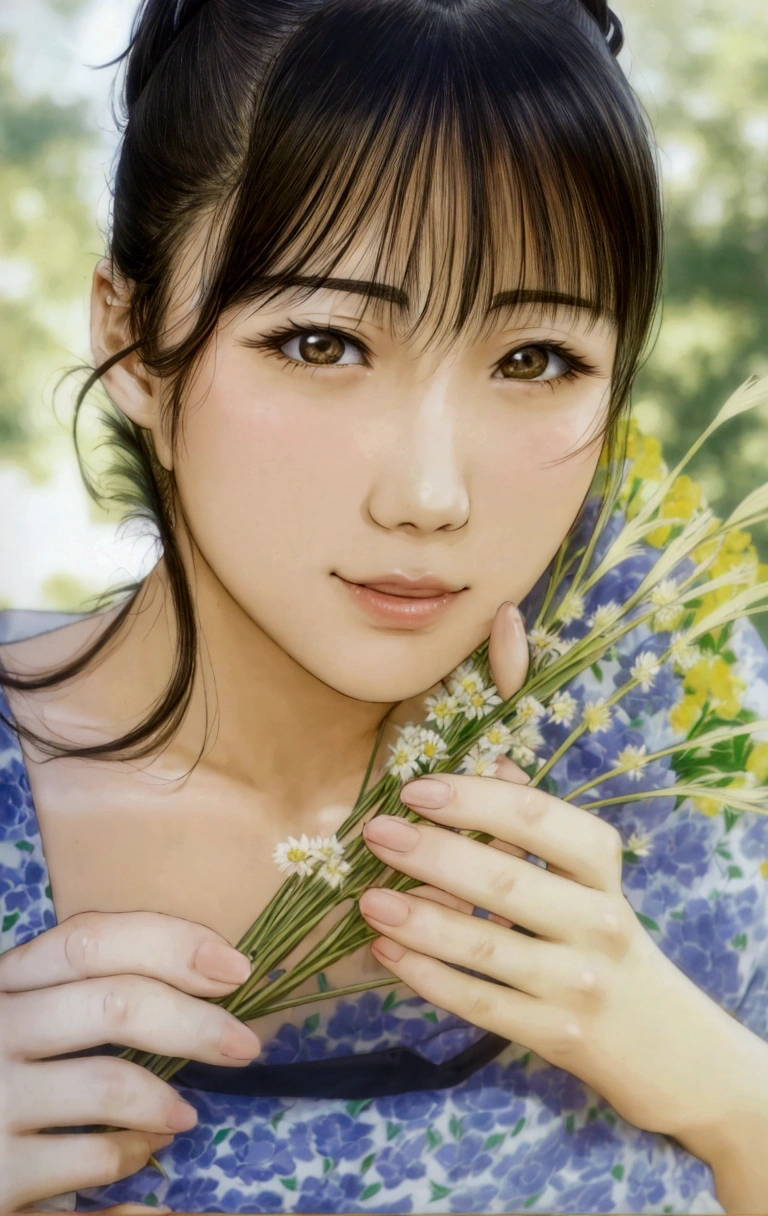 manga style, lineart, a close up of a woman holding a bunch of flowers, kimi takemura, Yoshitomo Nara, sakimichan, Chiho, close up iwakura lain, by Tadashi Nakayama, shiori teshirogi, Yasumoto Oka, Chiho ashima, deayami kojima