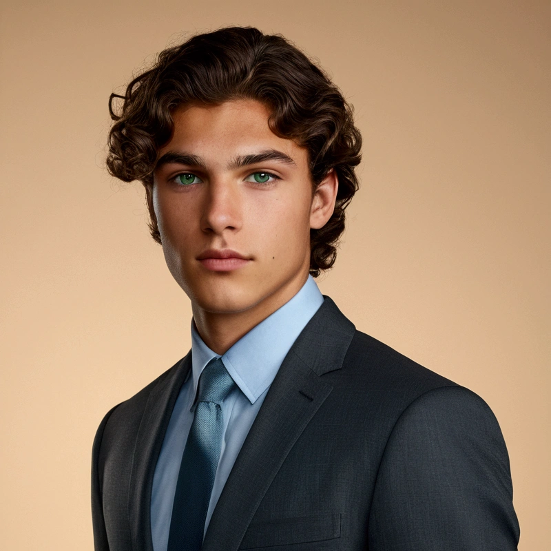 "A 21-year-old male with mixed Middle Eastern and Caucasian features. He has wavy dark brown hair, green eyes, a narrow face, thin lips, and a defined jawline. He is wearing a charcoal grey business suit with a light blue shirt and a dark blue tie. The background is a dim, beige photoshoot backdrop. UHD, masterpiece, anatomically correct, textured skin, high details, best quality."