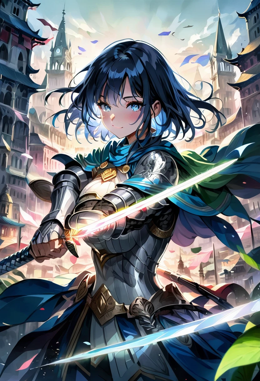 A girl holding a large lotus sword with both hands、The sword emits a blue light.、Black Hair、Shoulder-length hair、Right eye is green、Left eye is blue、The left and right eyes are different colors、Fantasy、Indigo military uniform、female knight、magic、city、Anatomically correct、Like the cover of a novel、Beautiful painting、Gaze, smile,