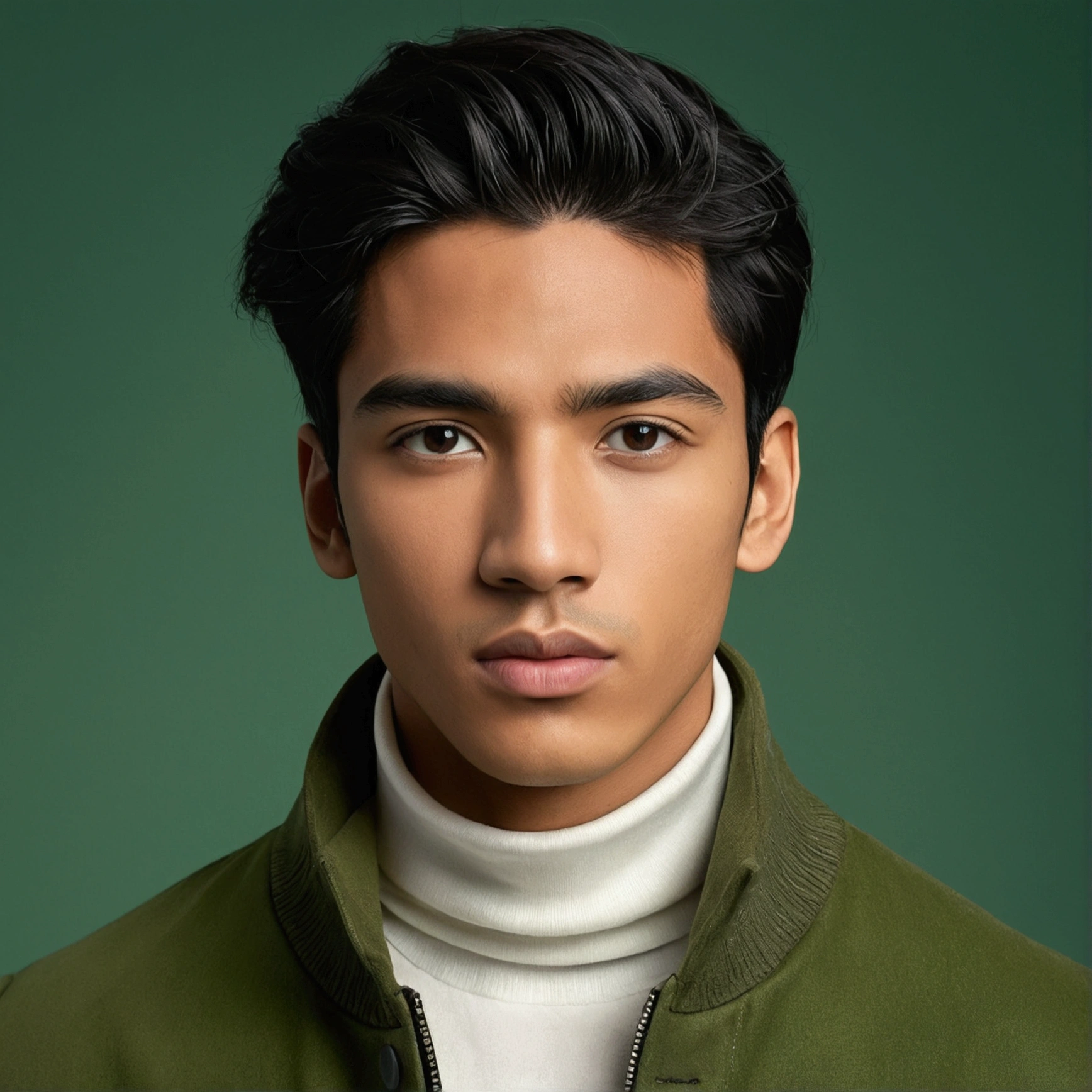 "A 24-year-old male with mixed African and Asian features. He has straight black hair, dark brown eyes, a broad nose, and full lips. He is wearing a dark green smart casual jacket with a white turtleneck. The background is a dim, green photoshoot backdrop. UHD, masterpiece, anatomically correct, textured skin, high details, best quality."