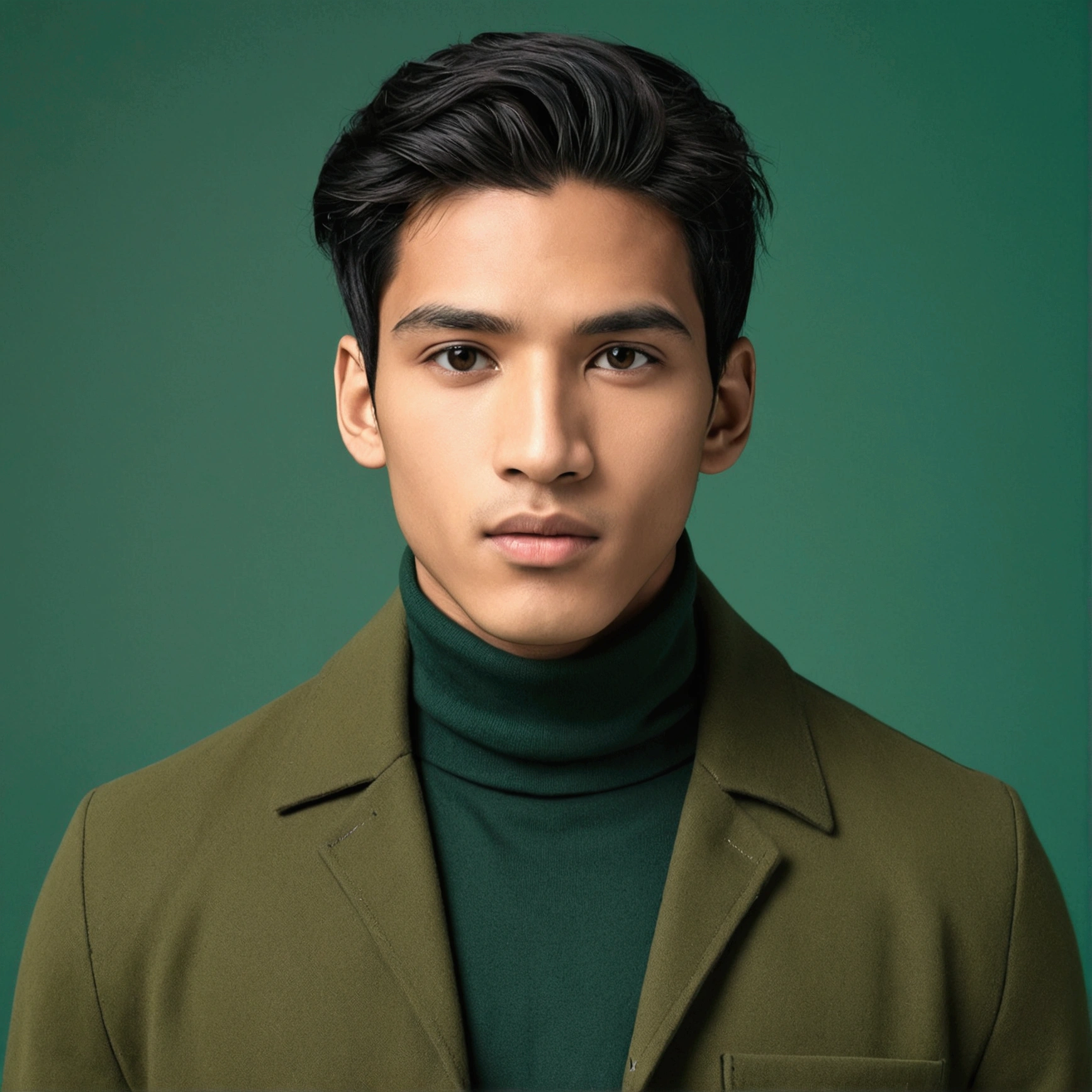 "A 24-year-old male with mixed African and Asian features. He has straight black hair, dark brown eyes, a broad nose, and full lips. He is wearing a dark green smart casual jacket with a white turtleneck. The background is a dim, green photoshoot backdrop. UHD, masterpiece, anatomically correct, textured skin, high details, best quality."