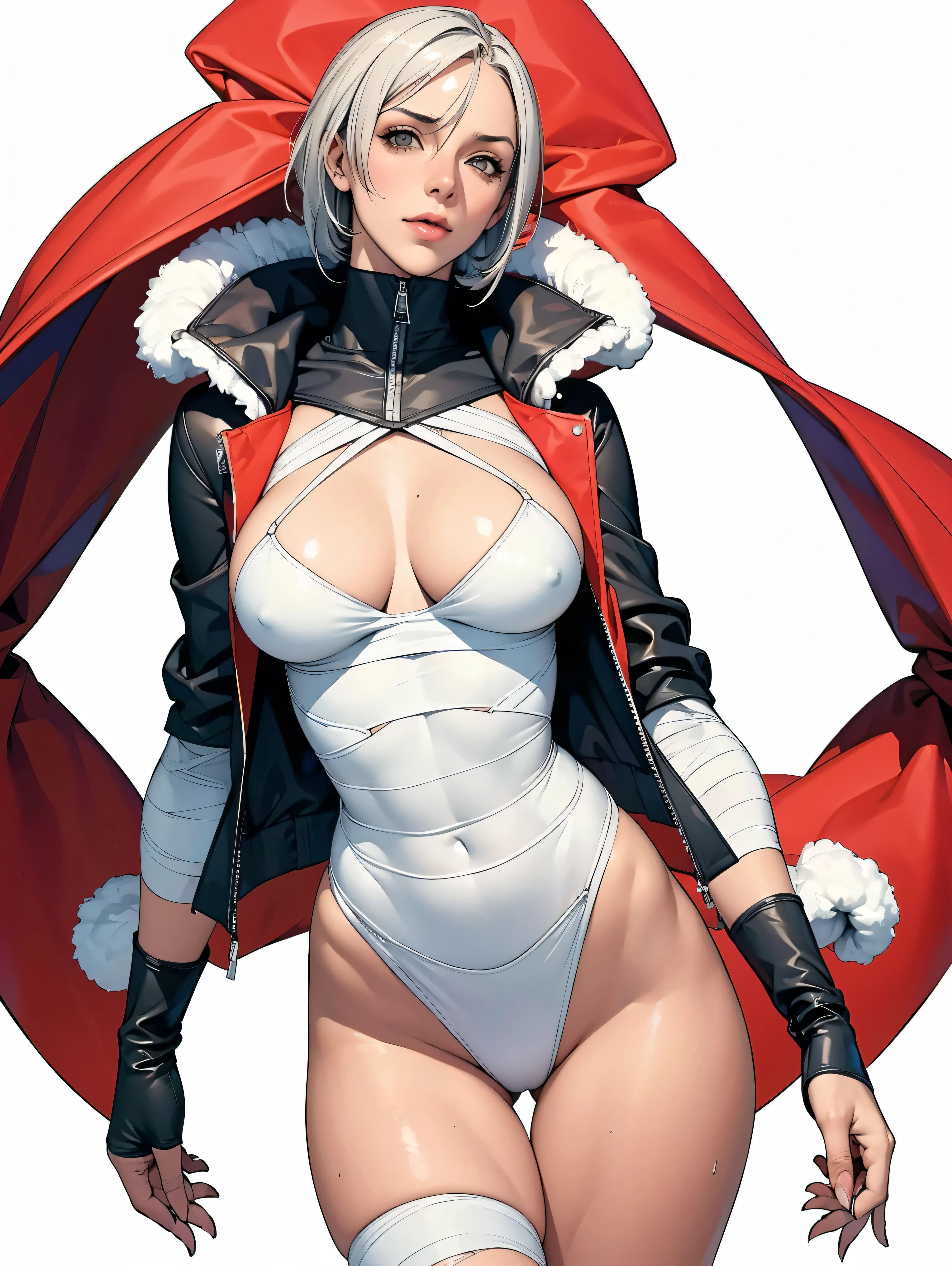 (((Annie Lennox))), (((colorful suit))), (scars), (((bandaged arms))), (((colorful clothes))) (( hood)), (((best quality: 1.4))), (Unbeatable masterpiece), (hyper HD),(CG 8k hyper-realistic), beautiful face, (((??????? big))), (((hyper feminine))), sexly girl, black tattoo,（ultra short red hair with white highlights)), ((( sculptural body ))), (((1 Kizi))), Kizi tatuada de 25 anos com perfect body,,Beautiful and well-groomed face,muscular body:1.2,solid color detailed jacket, (Head to thigh photos)， Complex equipment, ，Tight clothes，With white stars and off-white stripes,,,,,Armor Metal Electronic Parts, Poison tattoos ) INFO, Kizi, (((standing alone))), , 24歳, ????, pose de attitude, work of art, dancing, ((slight smile)), post-apocalypse, (((manga style))), bounty hunter, the way you want, perfect body, roupa moderna, advanced technology, white, yellow accent, black, red accent, fur collar jacket, sleeves with vertical striped pattern, background city, (( cowboy shot )). intricate visual, narrow waist, (((wide ????))), wide ????, fit thighs, (((thigh gap))), Thigh gap, background shows a futuristic airplane, open expression, expression happy