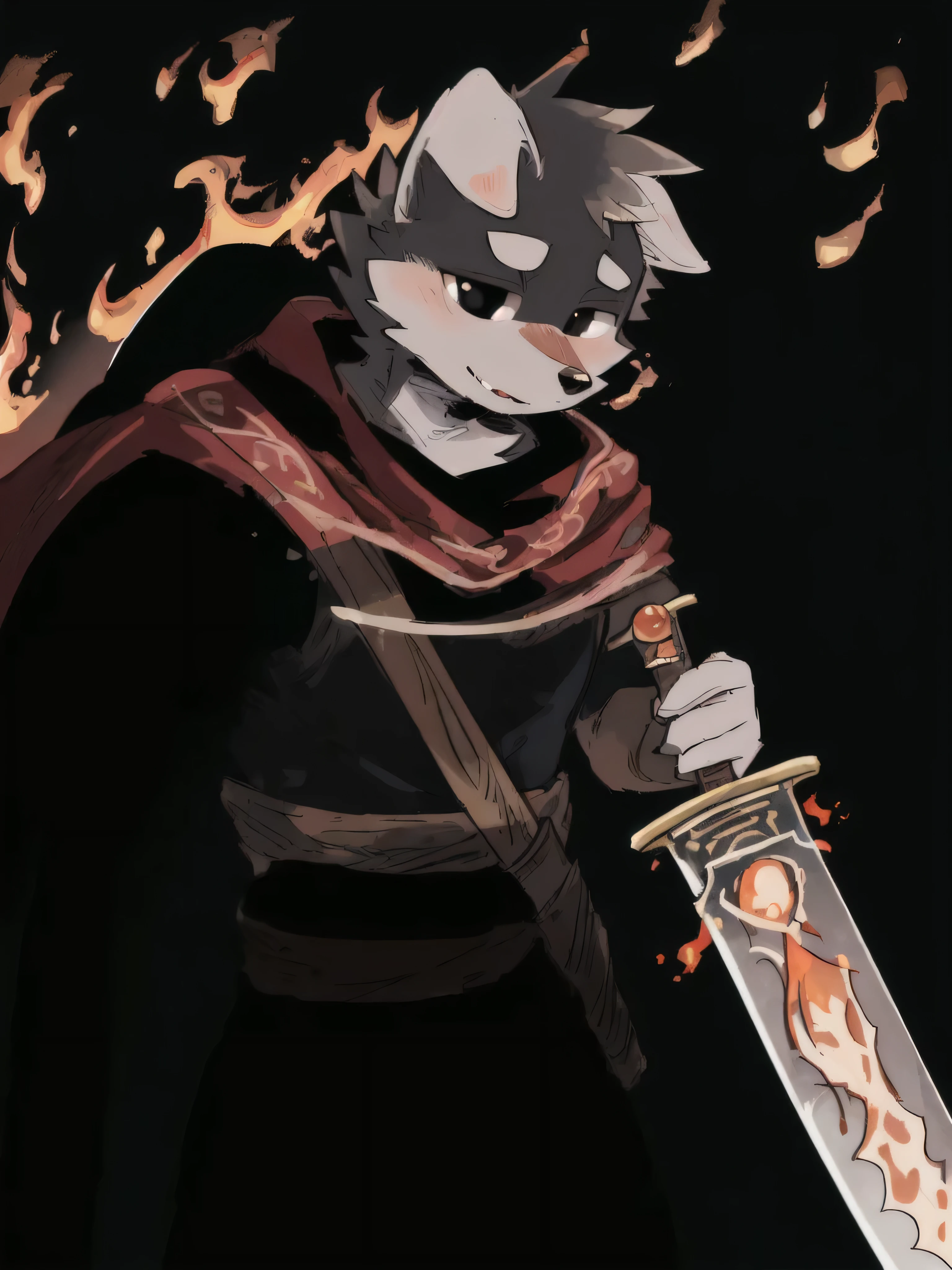 ash，Furry dog，Dog man，black eyes，Hairy all over，A cloak damaged by flames，Long Sword，Burning peach print，Fire Center,Background is not white，A firm demeanor，Super cute face，Carrying a bow on the back，Use fire magic，lit environment，artwork，Delicate eyes，Detailed face，beautiful eyes，masterpiece