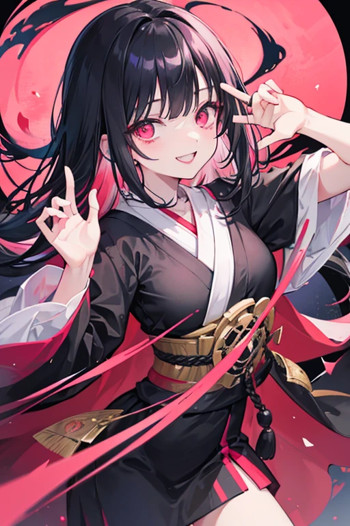 original character , One girl, (Crazy Smile:1.2) , Black Hair , bangs , Crazy Eyes , Put your hands on your face , Red and black color scheme, Open your mouth, (Eyes Wide Open:1.2), Glowing Eyes, Pink Eyes, Pink Eyes、kimono、Very short、witch、Long Hair、Very young