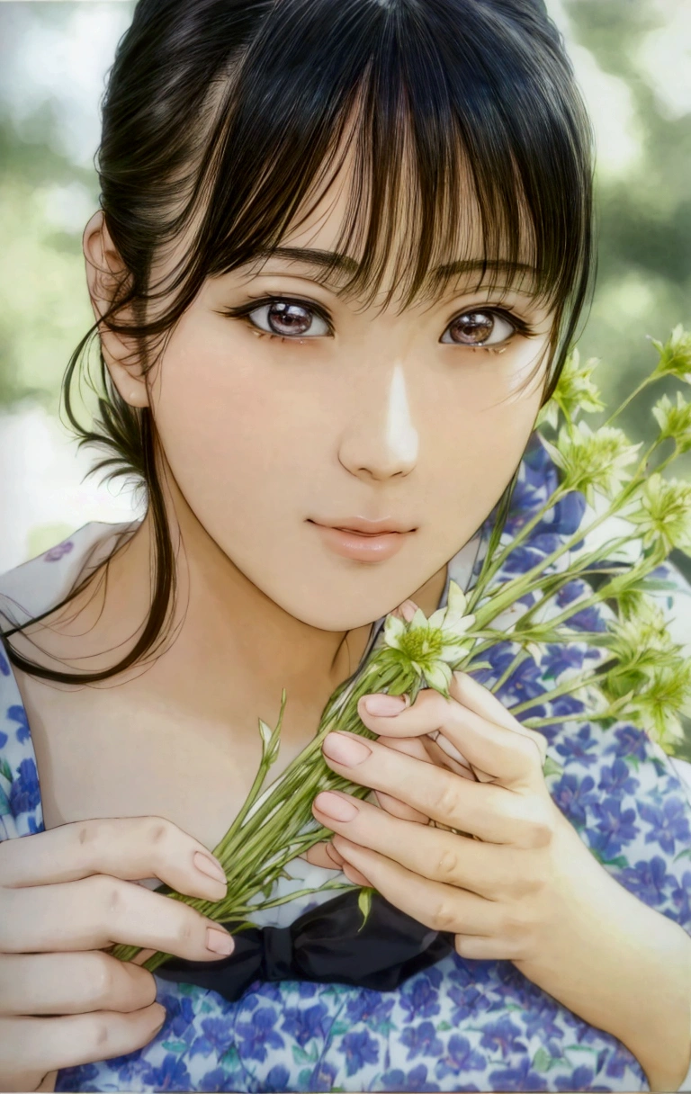 manga style, lineart, a close up of a woman holding a bunch of flowers, kimi takemura, Yoshitomo Nara, sakimichan, Chiho, close up iwakura lain, by Tadashi Nakayama, shiori teshirogi, Yasumoto Oka, Chiho ashima, deayami kojima