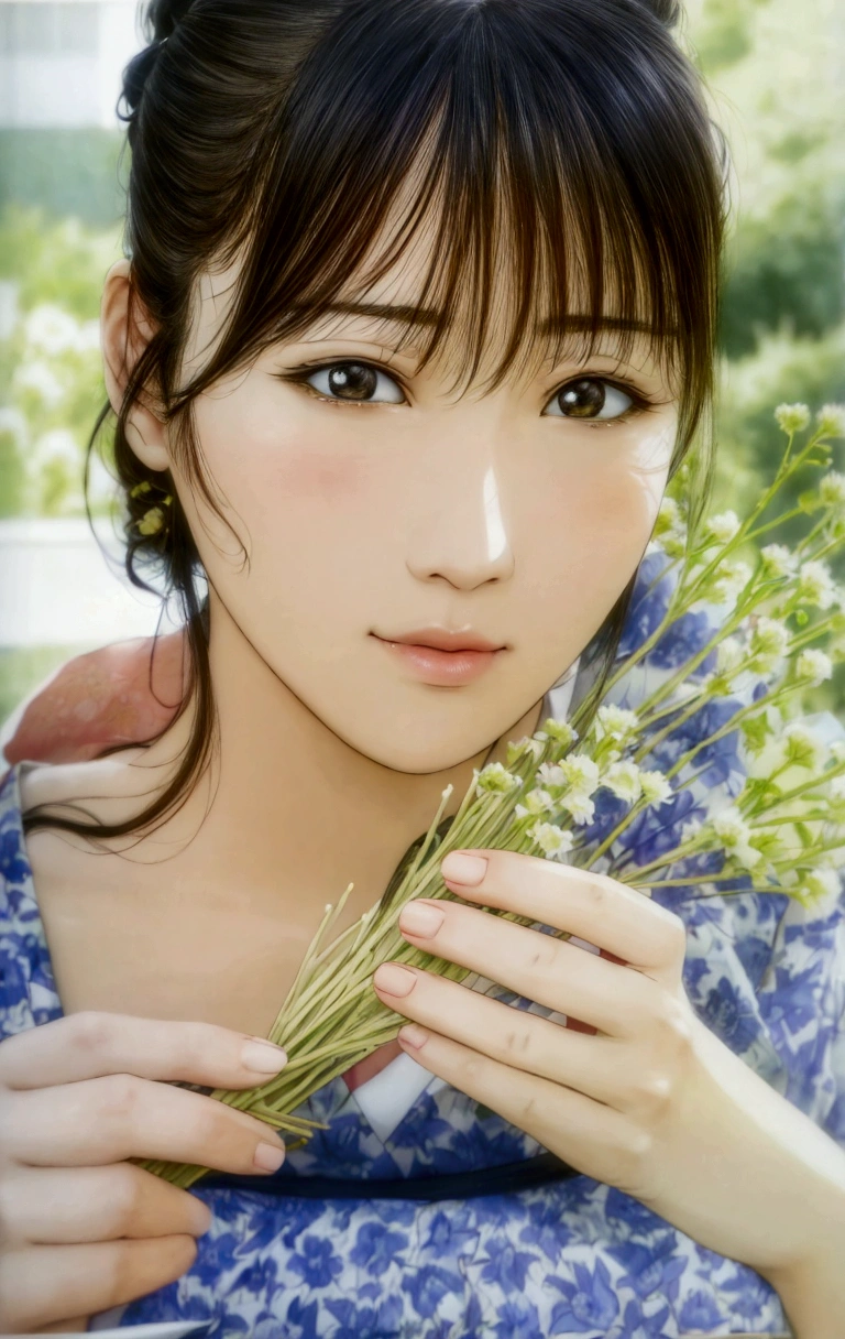 manga style, lineart, a close up of a woman holding a bunch of flowers, kimi takemura, Yoshitomo Nara, sakimichan, Chiho, close up iwakura lain, by Tadashi Nakayama, shiori teshirogi, Yasumoto Oka, Chiho ashima, deayami kojima