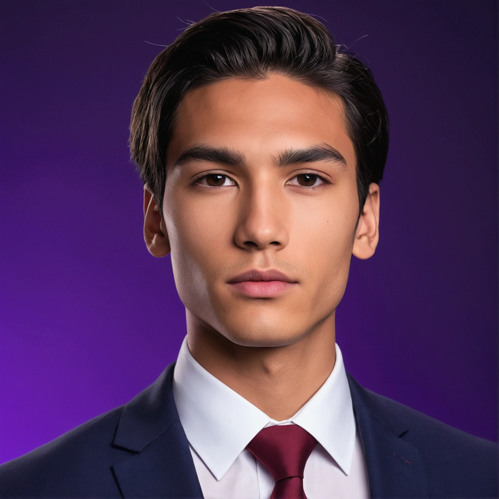 "A 23-year-old male with mixed Hispanic and Native American features. He has short black hair, brown eyes, high cheekbones, and medium lips. He is wearing a dark blue business suit with a white shirt and a red tie. The background is a dim, purple photoshoot backdrop. UHD, masterpiece, anatomically correct, textured skin, high details, best quality."