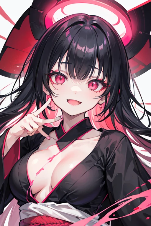 original character , One girl, (Crazy Smile:1.2) , Black Hair , bangs , Crazy Eyes , Put your hands on your face , Red and black color scheme, Open your mouth, (Eyes Wide Open:1.2), Glowing Eyes, Pink Eyes, Pink Eyes、kimono、Short、witch、Long Hair