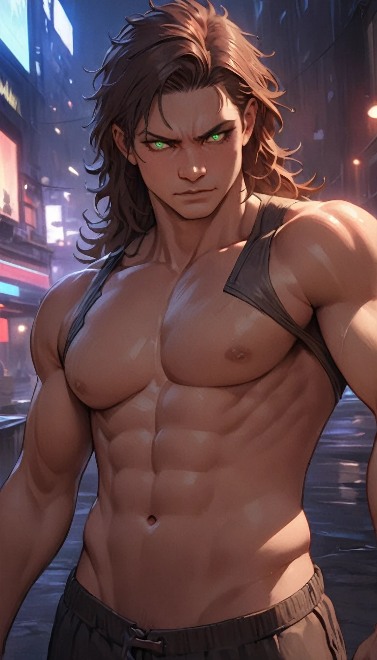 best quality,4k,8k,highres,masterpiece:1.2),ultra-detailed, extremely detailed eyes, extremely detailed body, (large masterpiece digital art), (detailed manga illustration), (detailed line art), ((perfect anatomy)), (intricate details:1.3), (ultra-detailed:1.3), (illustration:1.3), (sharp focus:1.3), (natural lighting:1.05), (vivid colors:1.3), (masterpiece), (best quality:1.4), (perfect anatomy:1.4), high quality, expressive eyes, full body, detailed face, beautiful face, perfect face, 1boy, angry, ((male focus)), muscular, detailed messy hair, long hair, brown hair, green eyes, glowing eyes, ripped clothing, barefoot, cinematic lighting, dramatic atmosphere, Atey Ghailan, Jeremy Mann, Greg Manchess, Antonio Moro, trend in ArtStation, trend in CGSociety, Intricate, High Detail, Sharp focus, dramatic and photorealistic painting art by Midjourney and Greg Rutkowski, Jeff Bridges, ((cartoon style)), Marvel Cinematic Universe style, (((ruined city in the background))),