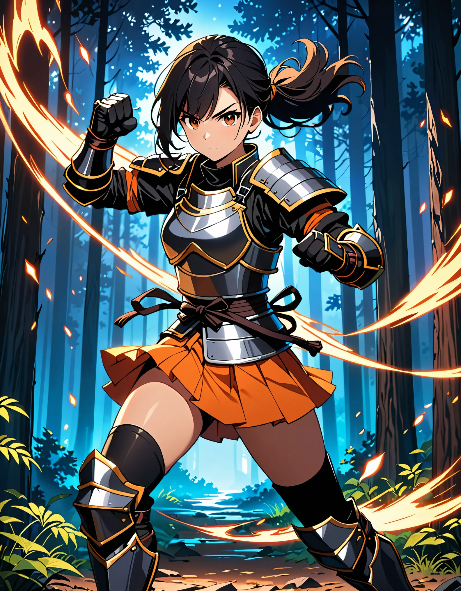 dramatic, gritty, intense, anime character, dynamic fighting pose, 1girl, solo, solo focus, (dark black hair, tied up hairstyle), (wearing black gloves), (wearing samurai armor, armored gauntlets, armored boots, thighhigh boots), (wearing a skirt, orange skirt. pleaded skirt), (black biker shorts), modern art, hair covering eyes, (clenched hand, clenched hands), forest, beautiful face, beautiful eyes, (brown eyes), vibrant colors, night, highest quality digital art, Stunning art, wallpaper 4k, 8k, k, HD, unparalleled masterpiece, best quality, full body, dynamic lighting, cinematic, epic, cowboy shot, full body with costume.