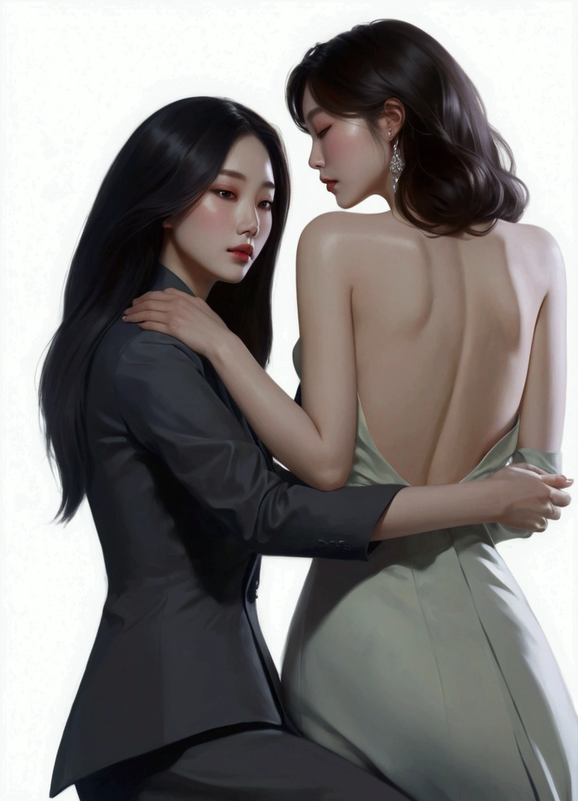 a painting of two women in formal wear hugging each other, inspired By Kim Deuk-sin, Digital art of elegance, In the art form of the pond, By Yang J, inspired By Jeon Seok Lee, two women, โดย Jeong Seon, By Jeon Seok Lee, Lesbian Art, By Kim Deuk-sin, beautiful art illustrations