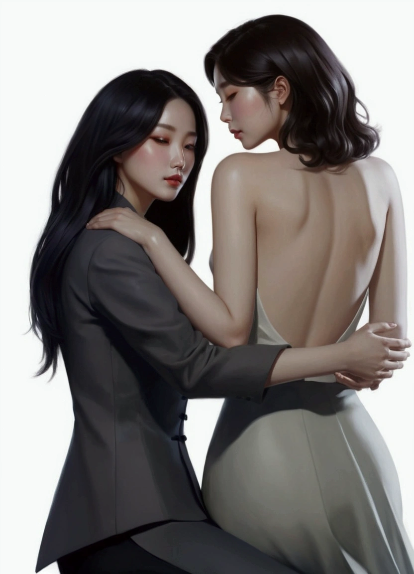 a painting of two women in formal wear hugging each other, inspired By Kim Deuk-sin, Digital art of elegance, In the art form of the pond, By Yang J, inspired By Jeon Seok Lee, two women, โดย Jeong Seon, By Jeon Seok Lee, Lesbian Art, By Kim Deuk-sin, beautiful art illustrations