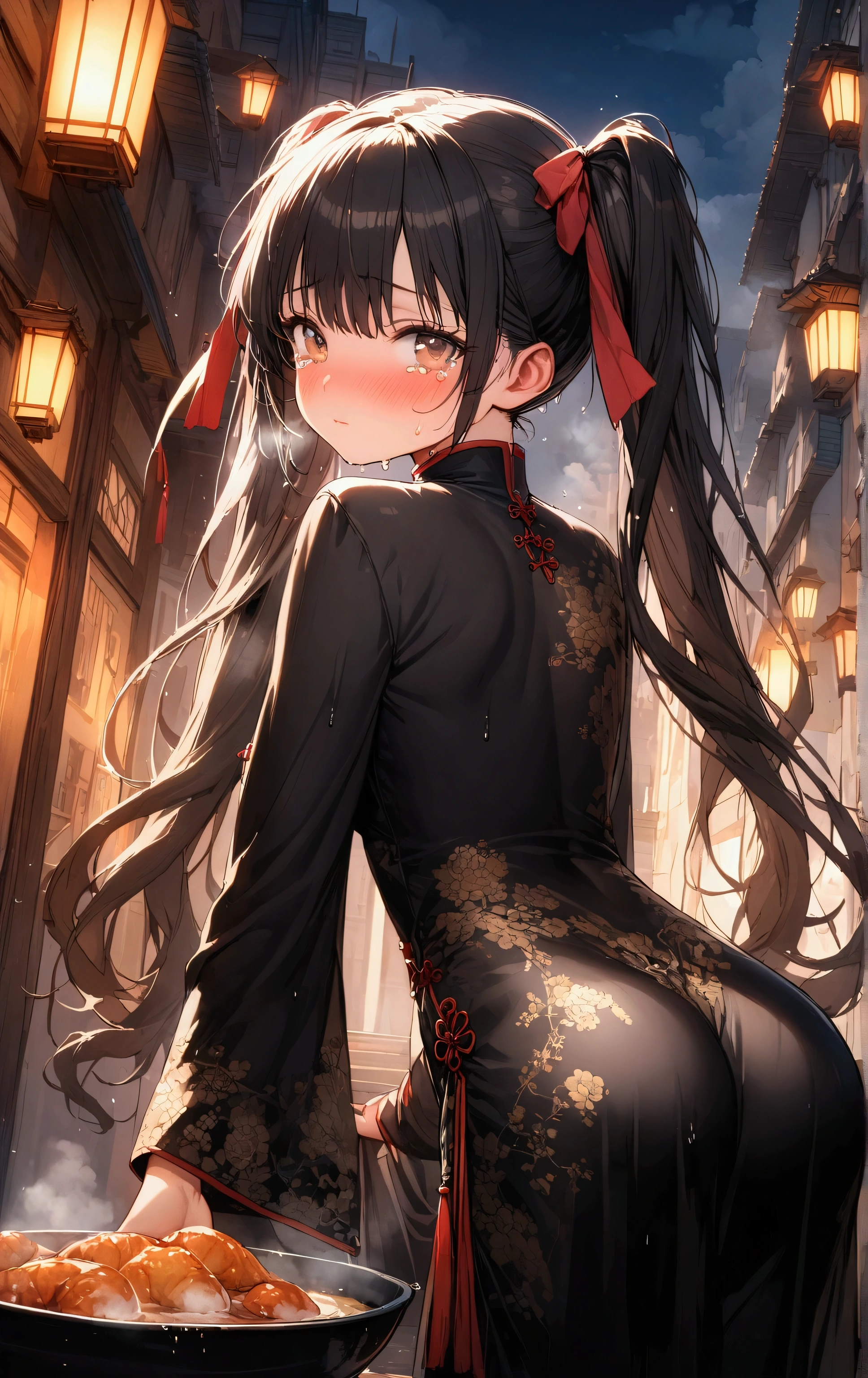 Twin tails、Highly detailed Chinese dress, Looks about , (beautiful girl: 1.3),Highest quality,8k,Highly detailed CG unit wallpaper,masterpiece:1.2,top-quality,Ultra-high resolution,RAW Photos,real texture skin,Cinema Lighting,Embarrassing,blush, vapor,Wet,Sweat,Moist eyes,weak,Huge buildings,metropolis,The girl is a delivery girl who delivers Chinese food to customers.,,Steam from cooking,,,Big, round, beautifully shaped butt,,((Booty pose)),(Rear View)