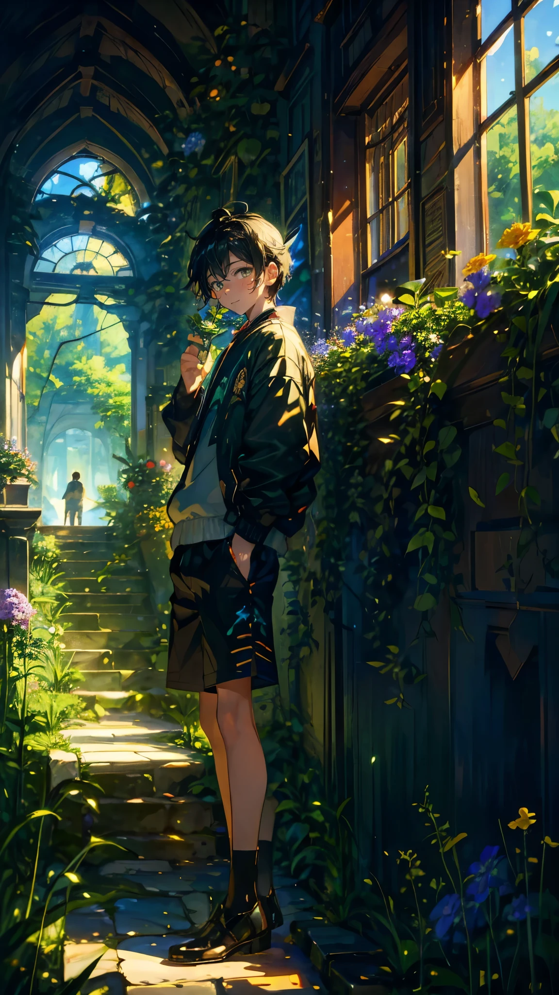 (Mastepiece), (Best Quality), Very detailed, (1 boy:1.5), (Full body solo shot:1.4), Perfect Face, Beautiful Boy, Very detailedな顔,(Black short hair:1.5),(Green Eyes:1.4),(Shorts:1.4)、(Lots of butterflies々:1.4)、bird、(ruins、Plants、flower:1.4)、Fairy、mysterious、Fantasy、beautiful、beautiful、(Close your eyes and laugh:1.3)、(Happy Face:1.4)、A big smile