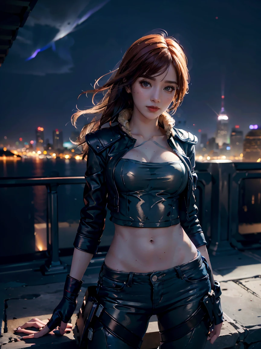 A charismatic girl is standing on top of a city at night. She has beautiful blue eyes that shine under the full moon. The scene is captured in the highest quality, with a resolution of 4k, creating an ultra-realistic and highly detailed image. The girl's full body is highlighted, showcasing her elegant pose and captivating presence. The cityscape is illuminated by dynamic lights, creating a vibrant and dynamic atmosphere. The color palette is dominated by the cool tones of the night, with deep blues and mysterious shadows. The full moon is the focal point, casting a gentle glow over the entire scene