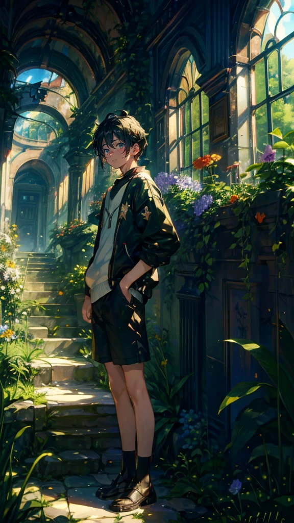 (Mastepiece), (Best Quality), Very detailed, (1 boy:1.5), (Full body solo shot:1.4), Perfect Face, Beautiful Boy, Very detailedな顔,(Black short hair:1.5),(Green Eyes:1.4),(Shorts:1.4)、(Lots of butterflies々:1.4)、bird、(ruins、Plants、flower:1.4)、Fairy、mysterious、Fantasy、beautiful、beautiful、(Close your eyes and laugh:1.3)、(Happy Face:1.4)、A big smile