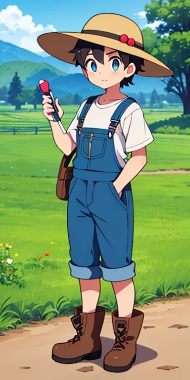 Full body, beautiful eyes , 1 boy , full body , cute boy , anime style , cute eyes , (standing up) ,boy, (Breeders typically wear practical and comfortable clothing suitable for tending to Pokémon and spending long hours in the outdoors. Their attire often includes:
Overalls or Coveralls: Durable and protective, suitable for farm work or handling Pokémon.
Wide-Brimmed Hats: To protect them from the sun during outdoor activities.
Work Boots: Sturdy footwear for navigating various terrains and environments.
Aprons or Tool Belts: Equipped with pockets and pouches for carrying essential items like Poké Balls, berries, and grooming tools.)