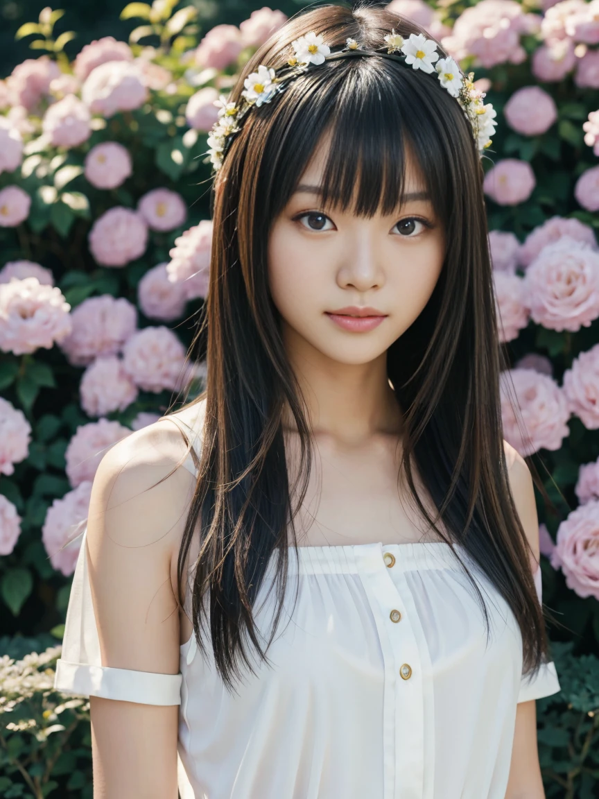 young japanese female model, 20 years old, short height, long brunette hair, super long bangs hairstyle, blue eyes, 16k resolution, highly detailed, Hyperrealism, cinematic lighting, bokeh, masterpiece, UHD, textured skin, super detail, high details, high quality, award winning, best quality, highres, wearing standing against an off-white wall in the garden, flower head band, light smile, full body shot