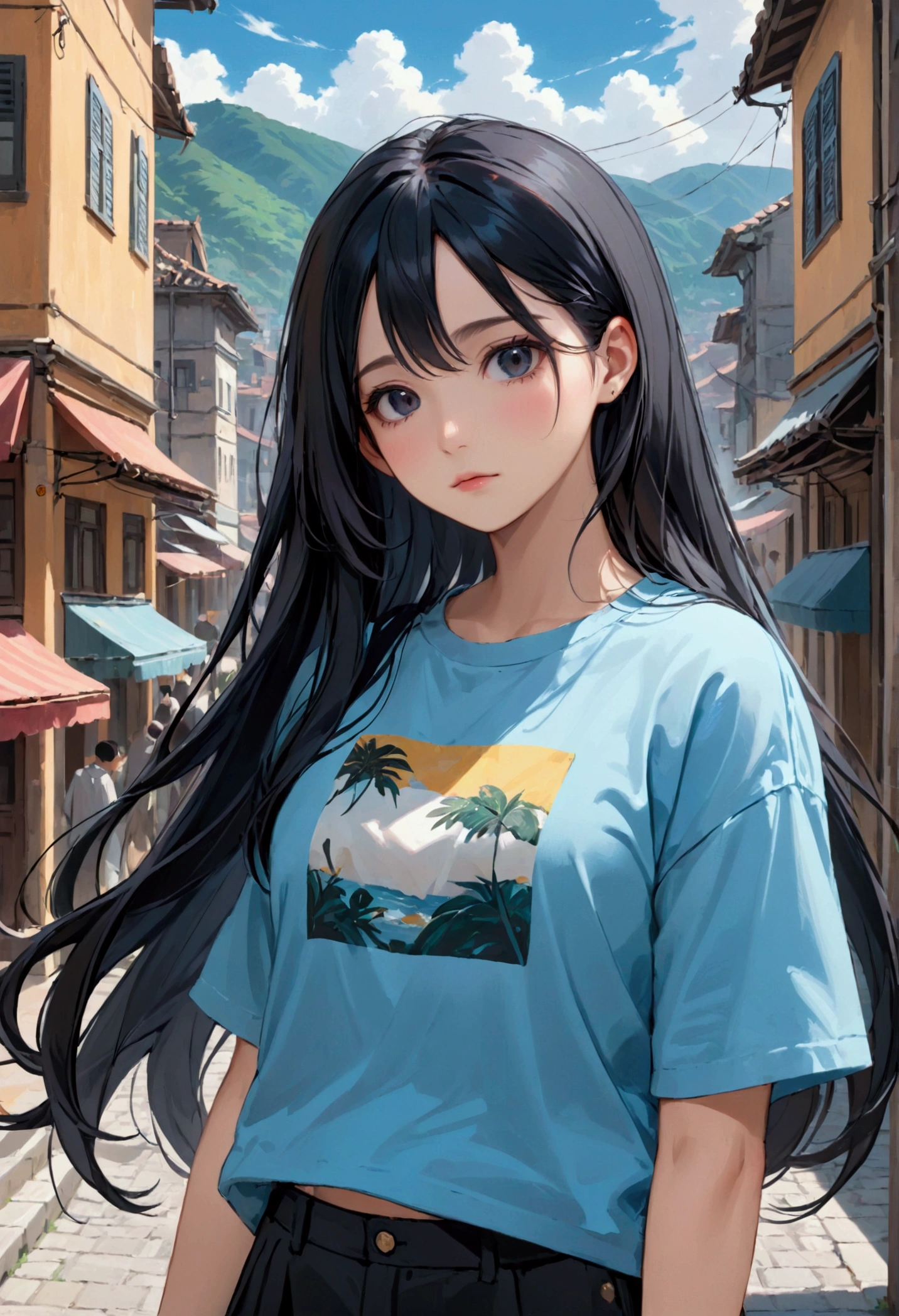 A girl with long black hair and black eyes,casual wear, aesthetic, best quality, masterpiece, 8k