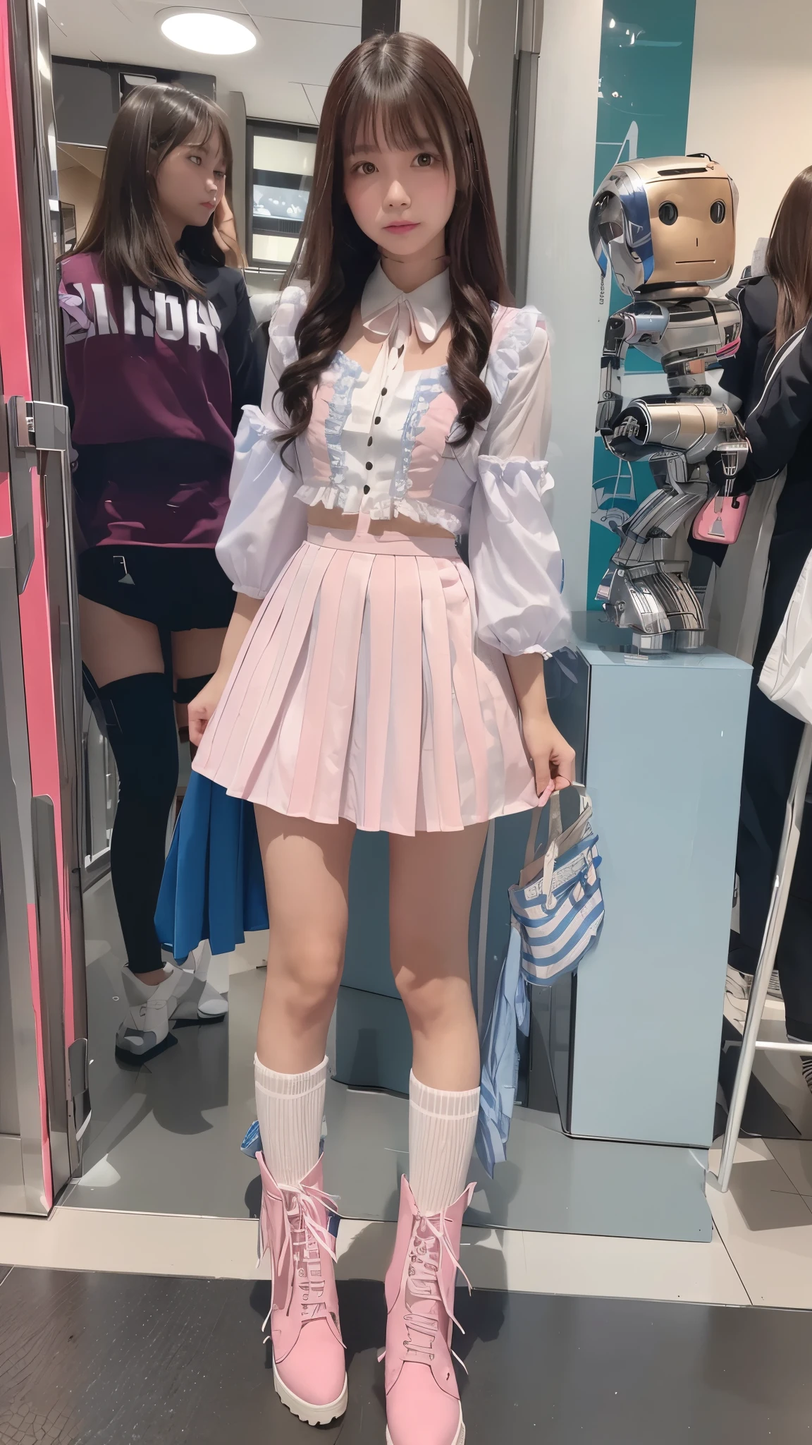 Costume like a idol, blue and white half sleeve Jacket, pink satin ruffled blouse, White and pink stripe pleated skirt, white lace up boots