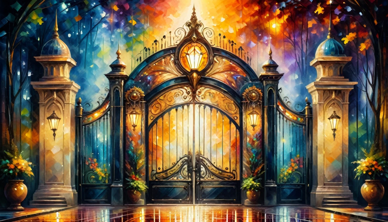 a grand art deco palace gate, Leonid Afremov style, octane rendering, fantastical, whimsical, intricate, highly detailed, ornate architecture, intricate decorative elements, dramatic lighting, vibrant colors, rich textures, (best quality, masterpiece, official art, professional, 8K)