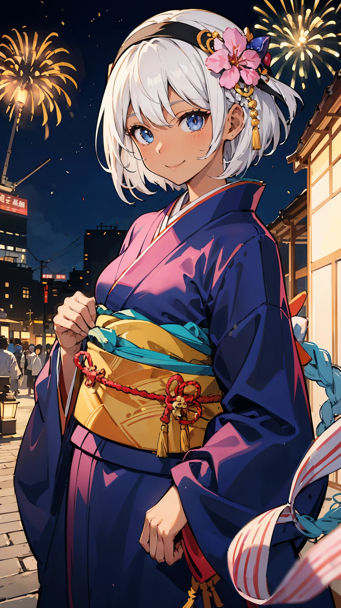 A woman、 (((Dark Skin))), Beautiful silver hair、((((Very short hair))))、French Braid、Sky blue eyes、Small Eyes, ((Crane plum)), beautiful eyes、(Headband)、(((Bangs))), ((Medium chest)), 24 years old、Off-shoulder、Tight waist, night、Fireworks Display、Japanese festivals、((Pink long-sleeved kimono))、Long flower hair accessories、Sexy pose, Charming pose, Lean forward、Upper Body、Smile、Shallow depth of field、